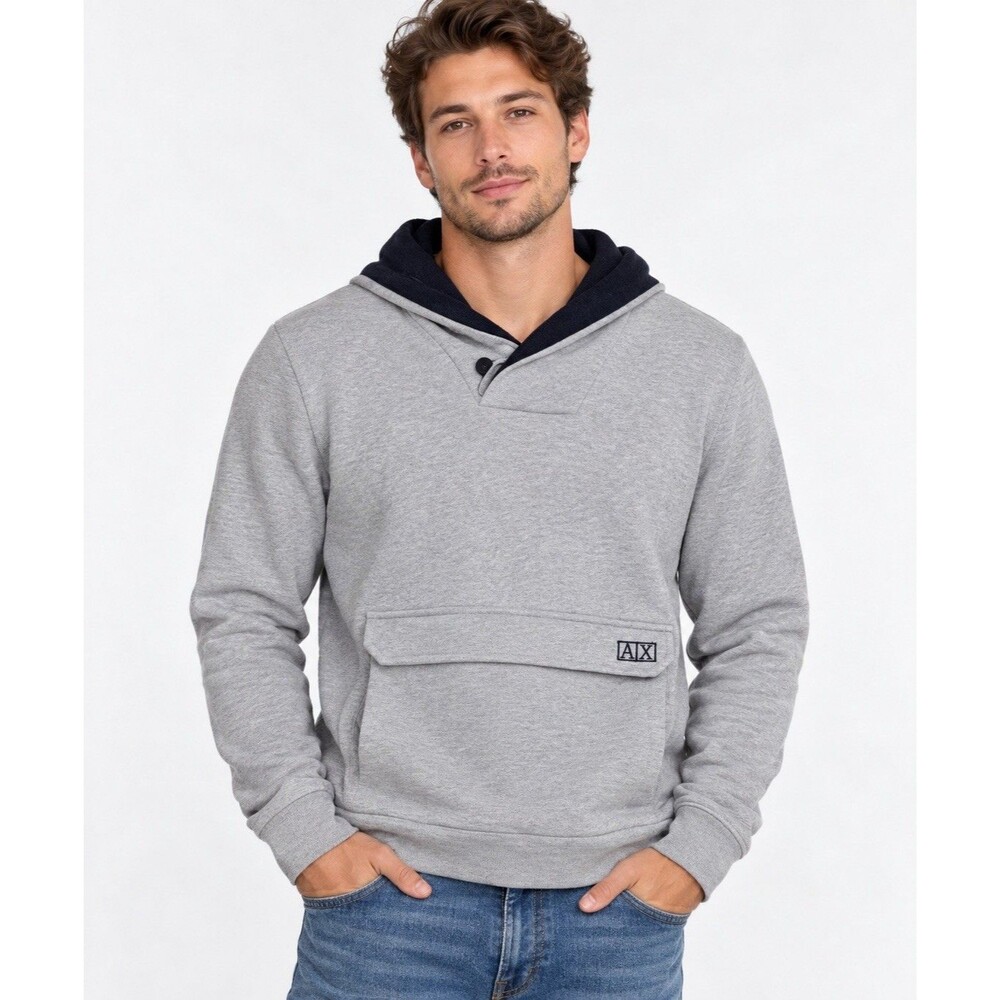 Armani Exchange A|X Men’s Gray Hoodie Pullover Black Hood Flap Pocket Sweatshirt